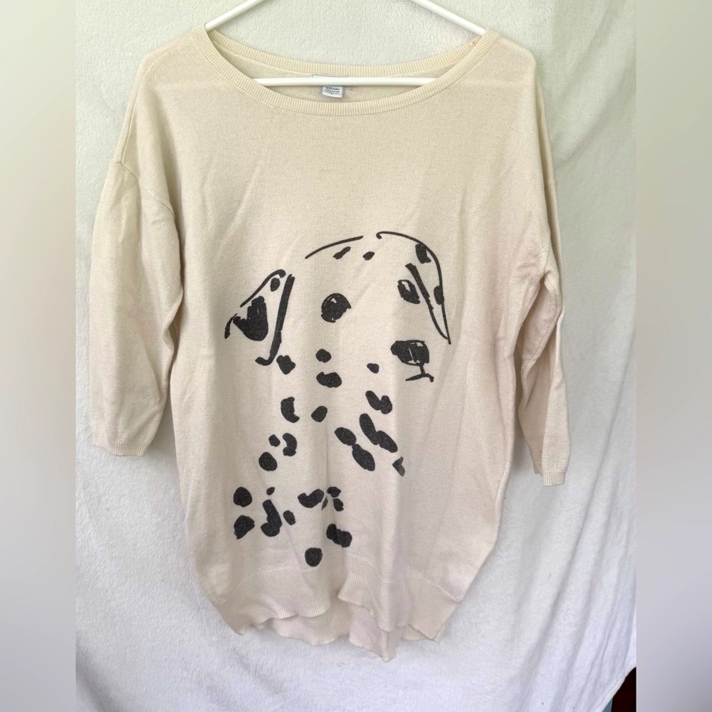 3/4 sleeve cute cute Cream Dalmatian dog Sweater wool mix